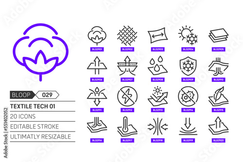 Textile tech 01 related, pixel perfect, editable stroke, up scalable, line, vector bloop icon set.