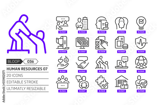Human resources 08 related, pixel perfect, editable stroke, up scalable, line, vector bloop icon set.