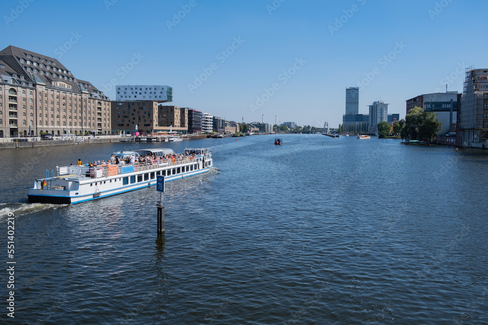 A tour boat in Spree river in Berlin, Germany