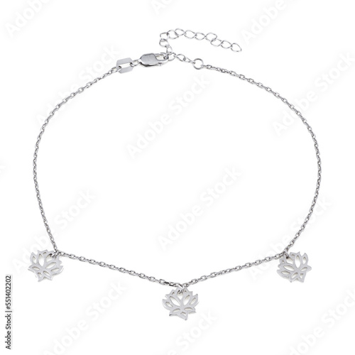 Elegant silver chain-bracelet with a pendants on a white background