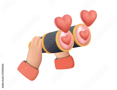 Character Hands with binoculars and look through them. Heart Like icon. Eyes with red hearts full of love. 3D render Vector illustration for dating application or valentines day. Cartoon vector web