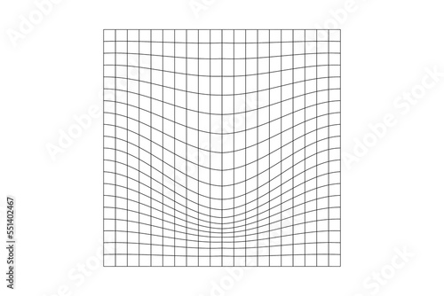 Distorted checkered grid. Mesh warp texture. Futuristic net with denting effect. Geometric deformation. Gravity phenomenon. Bented lattice surface