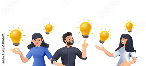 3D Brainstorm, idea discussion concept. Business team finding solution, thinking, sharing offers, lightbulbs. Creativity, creation process. 3D render vector illustration isolated on white background