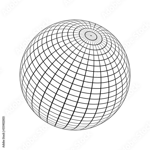 3D sphere wireframe icon. Orb model, spherical shape, grid ball isolated on white background. Earth globe figure with longitude and latitude, parallel and meridian lines