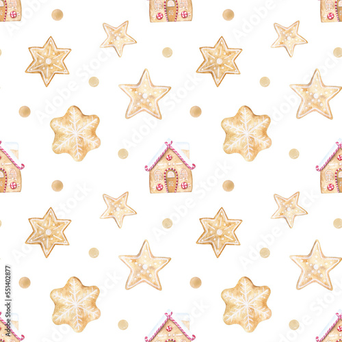 Watercolor seamless pattern with Christmas gingerbread cookies. 