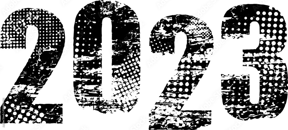New Year 2023 black grunge text. Vector numbers with grungy distress texture. Distress design element for gift, invitation and greeting card New Year 2023 black grunge text. Vector numbers with grungy distress texture. Distress design element for gift, invitation and greeting card
