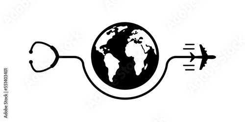 Medical tourism icon. Stethoscope, airplane and planet earth. isolated vector illustration.