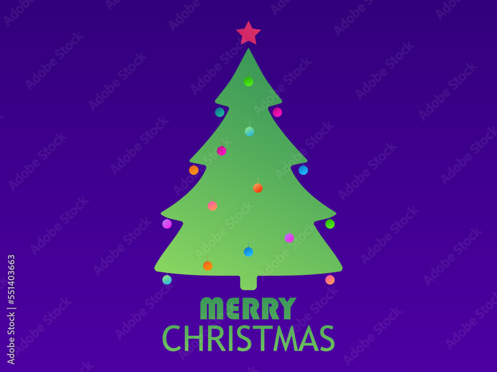 Merry Christmas. Gradient Christmas tree decorated with Christmas balls and a red star. Design for greeting card, invitation and banner. Vector illustration Merry Christmas. Gradient Christmas tree decorated with Christmas balls and a red star. Design for greeting card, invitation and banner. Vector illustration