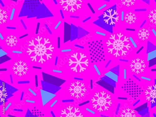 Christmas seamless pattern with Christmas decorations and geometric shapes in 80s style. Festive background for greeting cards, wrapping paper and banners. Vector illustration