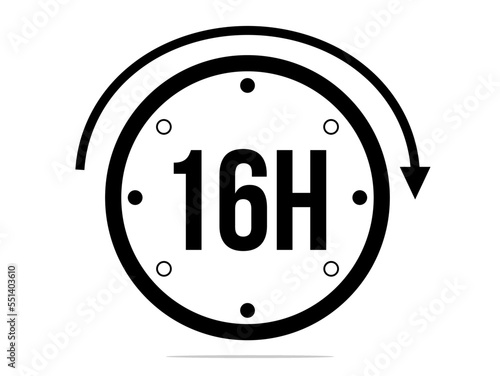 16 hours timer clock. Timer 16 hours icon. Time measure. Chronometer icon isolated on white background