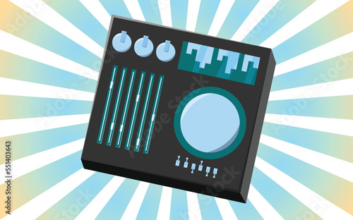 Old retro vintage poster with audio music equipment vinyl dj board with sliders and cranks and buttons from the 70s, 80s, 90s against the background of the blue rays of the sun. Vector illustration