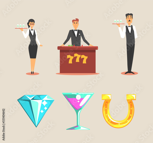Casino and Gambling with Waiter, Man at Poker Table and Cocktail with Golden Horseshoe and Diamond as Luck Symbols Vector Set