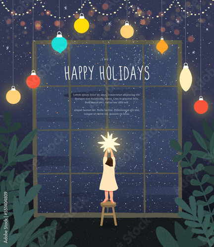 Merry Christmas and Happy New Year. Cute girl Put Golden Star on Top. Window with a night sky. Xmas celebration concept. Holiday card, flyer. Hand drawn style. Trendy flat design vector illustration.