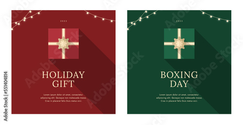 Christmas red gift box with gold ribbon. Top View. Xmas sale banner, poster, flyer, brochure, web, card. Celebrate birthday, anniversary, wedding. Simple style. Trendy flat design vector illustration.