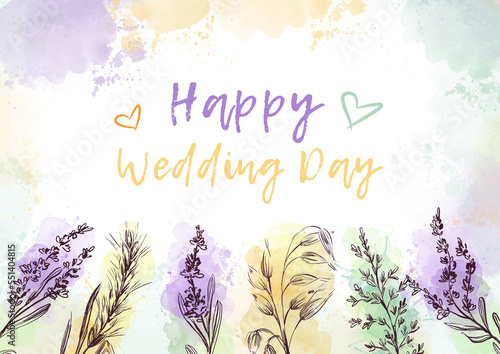 Hand-drawn background for text with branches and flowers. Vintage Watercolor Invitation Frame with Lavender. A wedding day card with plants.