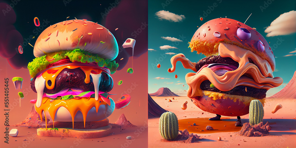 Burger illustration , surreal food, art of burger, cosmic composition,  collection, fast food art, 3d render Иллюстрация Stock | Adobe Stock