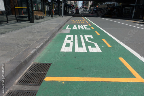 Bus Lane and Bus Stop have been painted on a city centre road to mark the lane for public transport photo