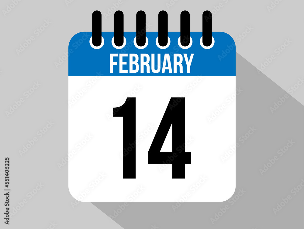 14 february calendar vector icon. Blue february date for the days of the month and the week on a light background 14 february calendar vector icon. Blue february date for the days of the month and the week on a light background