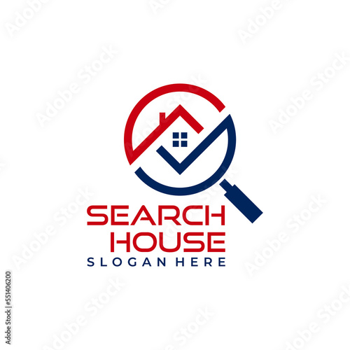 Home Search logo. House with window and chimney and magnifier symbol. Estate agency, realty, and real property vector icon logo template.