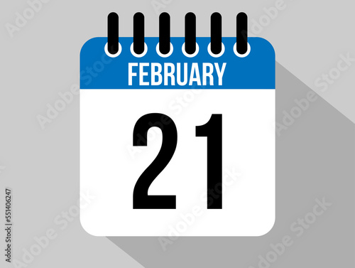 21 february calendar vector icon. Blue february date for the days of the month and the week on a light background