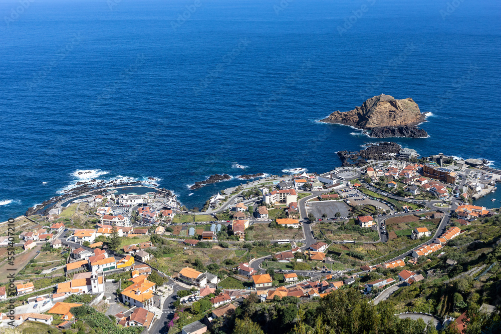 Madeira island sightseeing point view on town and rocks