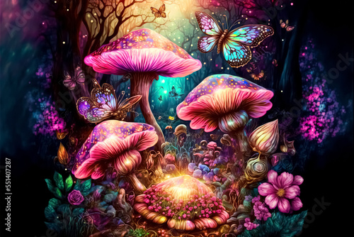 Magical fantasy mushrooms in enchanted fairy tale dreamy elf forest with fabulous fairytale blooming pink rose flower and butterfly on mysterious background