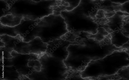 Black marble stone texture background. Abstract white electric lightning, thunderbolt strike and thunderstorm on black background.