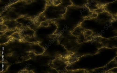Black marble stone texture background. Abstract yellow electric lightning, thunderbolt strike and thunderstorm on black background.