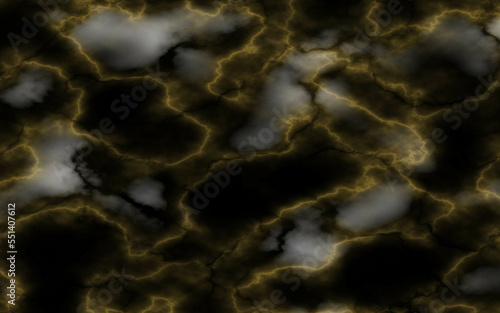Black marble stone texture background. Abstract yellow electric lightning, thunderbolt strike and thunderstorm on black background.