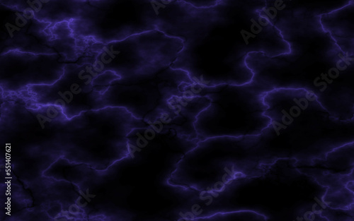 Black marble stone texture background. Abstract purple electric lightning, thunderbolt strike and thunderstorm on black background.
