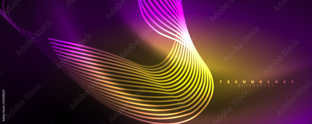 Shiny neon waves, dynamic electric motion, energy or speed concept. Vector illustration for wallpaper, banner, background, leaflet, catalog, cover, flyer Shiny neon waves, dynamic electric motion, energy or speed concept. Vector illustration for wallpaper, banner, background, leaflet, catalog, cover, flyer