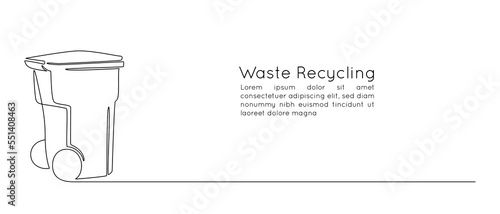 One continuous line drawing of garbage container. Plastic recycle waste dustbin in simple linear style. Trash box with close lid and empty space in editable stroke. Outline vector illustration