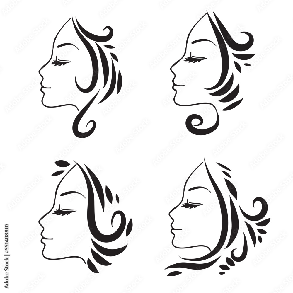 Collection of stylish female head silhouettes for hair product or hair salon logos. Collection of stylish female head silhouettes for hair product or hair salon logos.