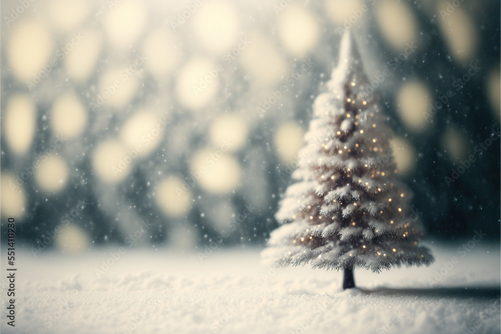 Empty white snow with Christmas tree bokeh blur background 