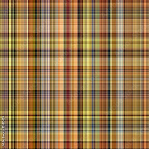 Woodland brown tartan seamless pattern textile. Tonal autumnal forest plaid with organic texture. Background of orange stripe for rough wallpaper. 