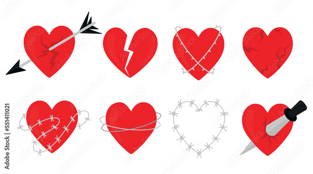 Broken heart icon set. A heart in barbed wire, a broken heart, a chained heart. Valentine vector illustration.