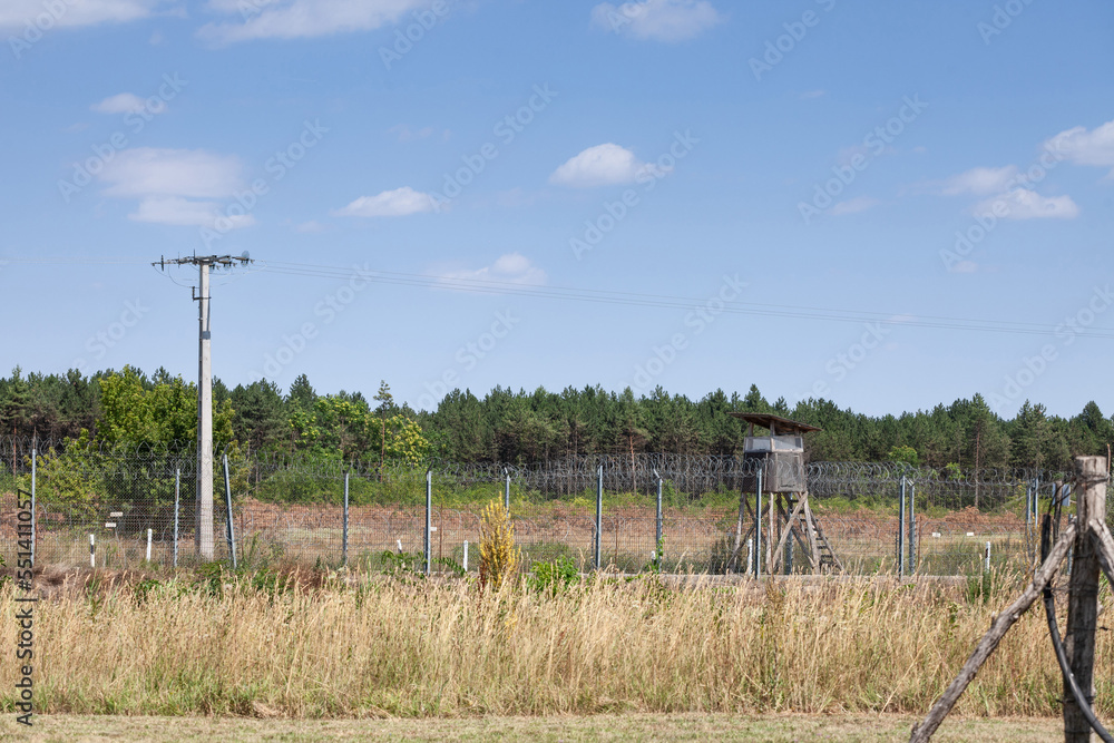 Border between Serbia and Hungary bewtween Kelebia and Tompa, with a watchtower and the Hungarian border fence. This wall was built in 2015 to stop the refugees passing through Serbia & Balkans Route.