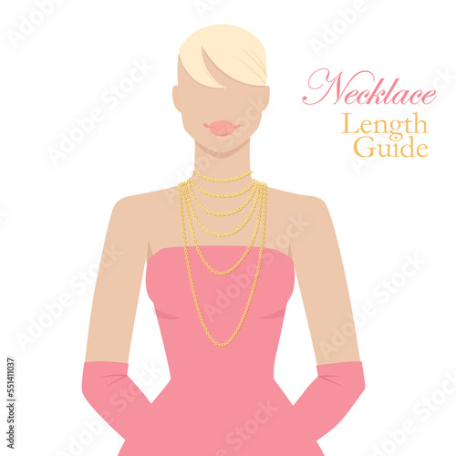 Necklace length guide vector illustration, beautiful blonde woman in golden chains accesory in pink coctail dress chat design