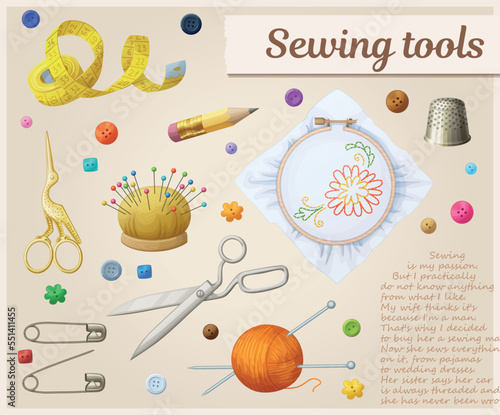 Sewing tools vector icons, collection of scissors measure tape, pencil pincushion, safety pin embroidery hoop, colorful buttons thimble cartoon illustration photo