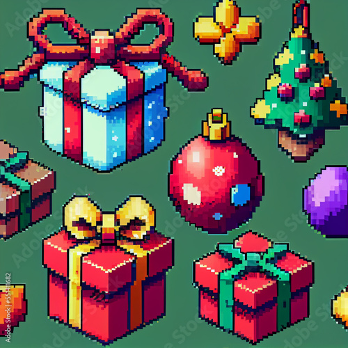 Pixel Art of Fun Holiday gifts and ornaments for Christmas