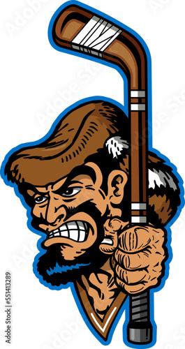 rugged pioneer mascot holding hockey stick for school, college or league sports