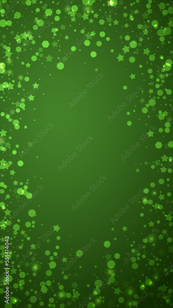 Snowy christmas background. Subtle flying snow flakes and stars on christmas green background. Delicate sweet snowy christmas. Vertical vector illustration.