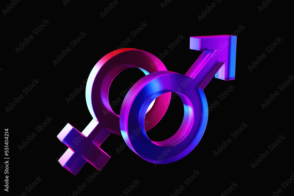 3D illustration, minimalist concept. Male and female symbols joined together on black background. Gender icon. Couple man and woman. 3D illustration, minimalist concept. Male and female symbols joined together on black background. Gender icon. Couple man and woman.