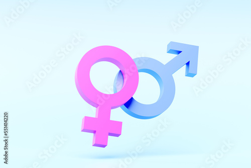 3D illustration, minimalist concept. Male and female symbols joined together on blue background. Gender icon. Couple man and woman.