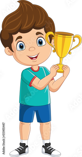 Cartoon little boy holding gold trophy