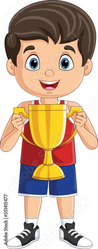 Cartoon little boy holding gold trophy
