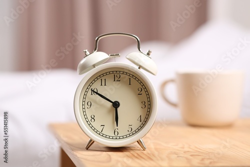 White alarm clock on wooden table indoors