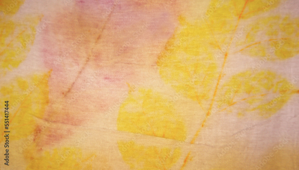 Texture and pattern of natural leaf in yellow ang pink color from eco print process. Eco print on white fabric background. Texture and pattern of natural leaf in yellow ang pink color from eco print process. Eco print on white fabric background.
