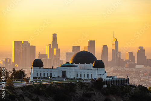 The Griffith Observatory with the downtown Los Angeles city skyline.