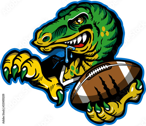 angry dinosaur raptor mascot holding football for school, college or league sports